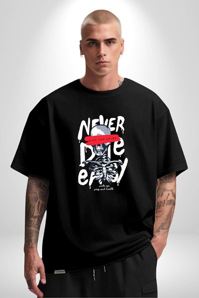Angemiel Never Die Motivational Message and Creative Design Black Oversize Women's Men's Front Printed T-Shirt
