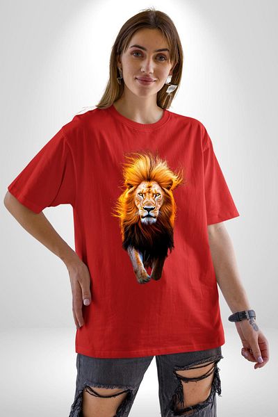 Angemiel Fringed Lion Portrait Red Oversize Women's Men's Front Printed T-Shirt