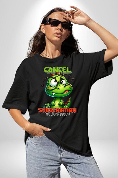 Angemiel Black Oversize Women's Men's Front Printed T-Shirt with Dinosaur Subscription Cancellation Written