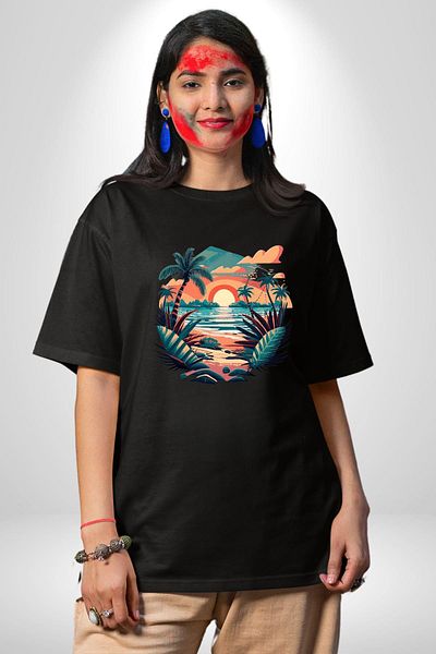 Angemiel Tropical Beach Sunset Themed Black Oversize Women's Men's Front Printed T-Shirt