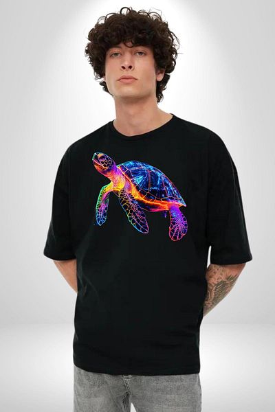 Angemiel Neon Turtle Black Oversize Women's Men's Front Printed T-Shirt