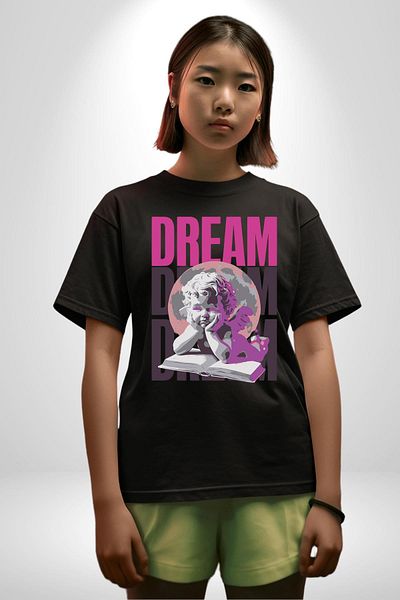 Angemiel Angels' Dream Angel and Dream Black Oversize Women's Men's Front Printed T-Shirt