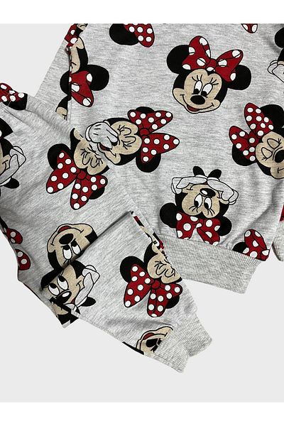 Pajama Shop Girl's Cotton Fabric Hooded Gray Mouse Patterned Long Sleeve Winter Pajama Set