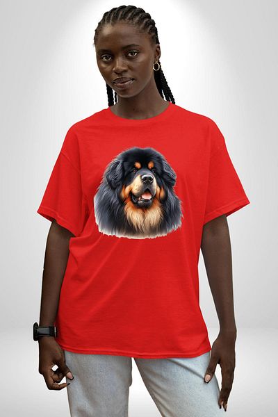 Angemiel Tibetan Mastiff Powerful Loyal Dog Red Oversize Women's Men's Front Printed T-Shirt