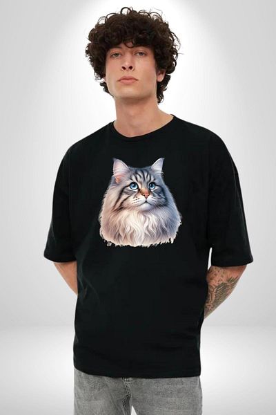 Angemiel Norway Forest Cat Lover Black Oversize Women's Men's Front Printed T-Shirt