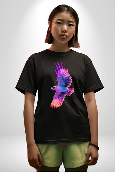 Angemiel Purple-Pink Eagle Black Oversize Women's Men's Front Printed T-Shirt