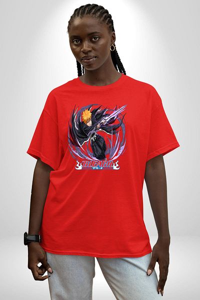 Angemiel Bleach Ichigo Kurosaki Anime Red Oversize Women Men Front Printed T-Shirt