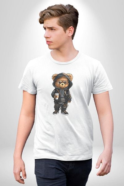 Angemiel Comfortable and Stylish Coffee Cafe Teddy Bear White Oversize Women's Men's Front Printed T-Shirt