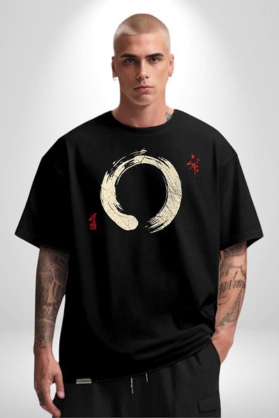 Angemiel Zen Circle Infinite Balance and Peace Yoga Black Oversize Women's Men's Front Printed T-Shirt