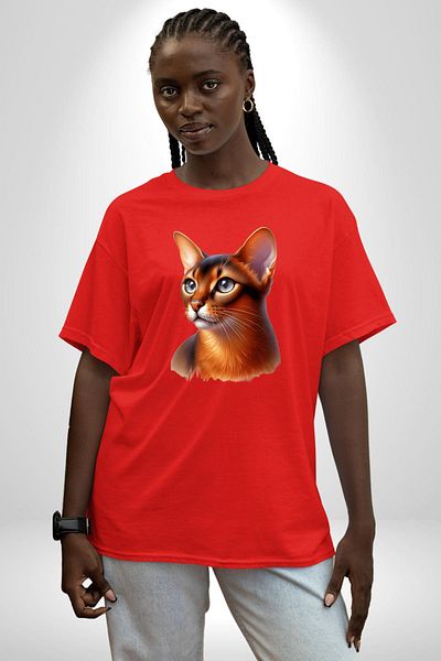 Angemiel Ethiopian Cat Lovers Red Oversize Women's Men's Front Printed T-Shirt