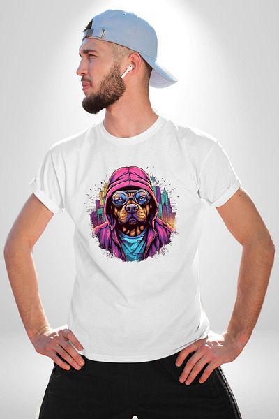 Angemiel تي شيرت مطبوع عليه Graffiti Street Art Dog Pattern أبيض كبير الحجم للنساء والرجال