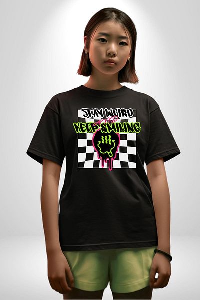 Angemiel Unusual Smile Black Oversize Women's Men's Front Printed T-Shirt