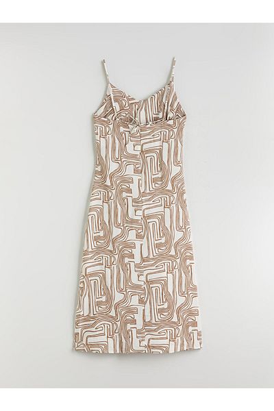 LC Waikiki Ecru V-Neck Patterned A-Line Dress