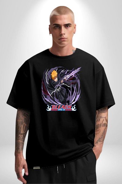 Angemiel Bleach Ichigo Kurosaki Anime Black Oversize Women Men Front Printed T-Shirt