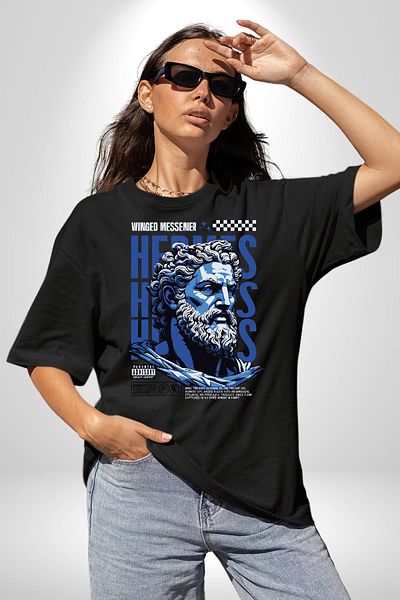 Angemiel Greek God Special Design Black Oversize Women's Men's Front Printed T-Shirt