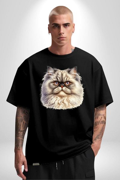 Angemiel Sophisticated and Noble Royal Cat Black Oversize Women's Men's Front Printed T-Shirt