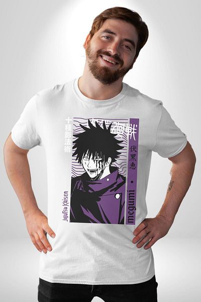 Angemiel تي شيرت Megumi Fushiguro Jujutsu Kaisen Anime أبيض كبير الحجم للنساء والرجال مطبوع من الأمام