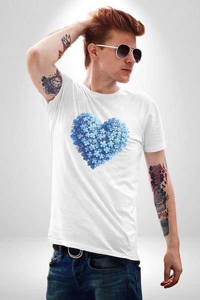 Angemiel تي شيرت Forget Me Not Flower Heart Collage أبيض كبير الحجم للنساء والرجال مطبوع من الأمام