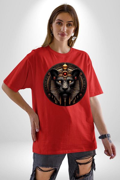Angemiel Menhit Goddess of War, Protection and Hunting Red Oversize Women's Men's Front Printed T-Shirt