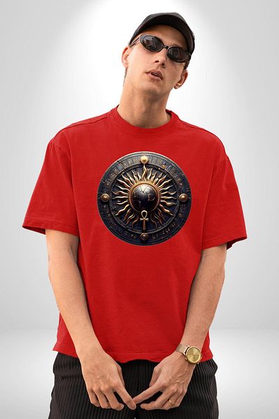 Angemiel تي شيرت Aten Egyptian Sun God of Life Source Red كبير الحجم للنساء والرجال مطبوع من الأمام