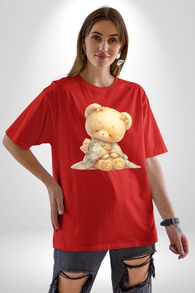 Angemiel Floral Pattern Pastel Tone Teddy Bear and Floral Red Oversize Women's Men's Front Printed T-Shirt