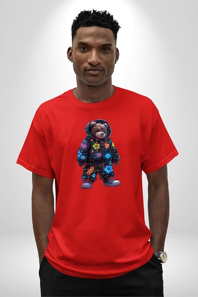 Angemiel Starry Night Bear Colorful Night Adventure Red Oversize Women's Men's Front Printed T-Shirt
