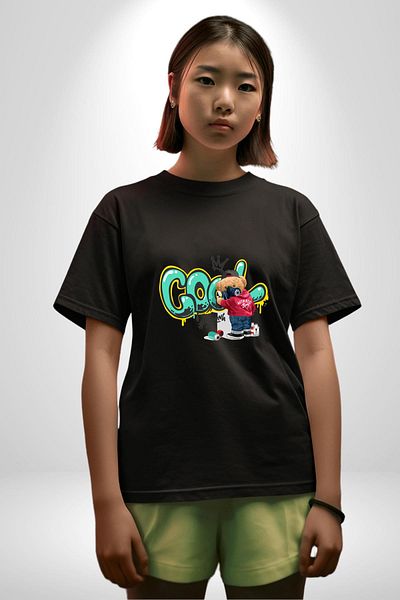 Angemiel Cool Graffiti Printed Youth and Street Fashion Black Oversize Women's Men's Front Printed T-Shirt