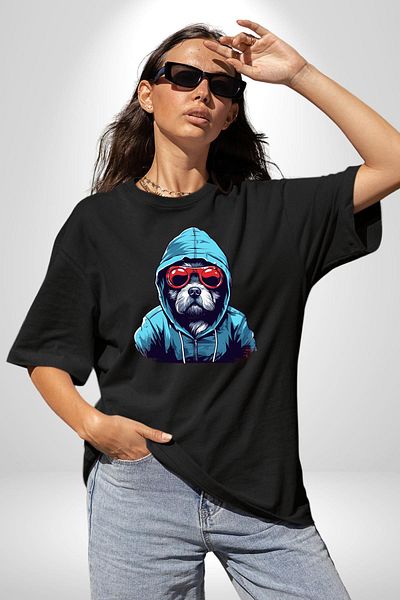 Angemiel Charismatic Terrier Glasses Cool Dog Black Oversize Women's Men's Front Printed T-Shirt