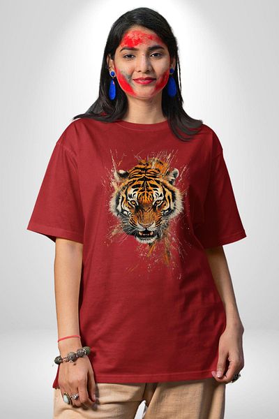 Angemiel Tiger's Fury Tiger Head Red Oversize Women's Men's Front Printed T-Shirt