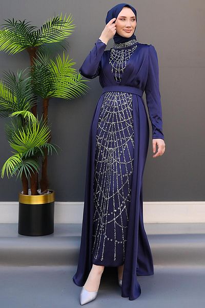 GİYZAMİLA Βραδινό φόρεμα με κεντημένη κάπα Navy Blue