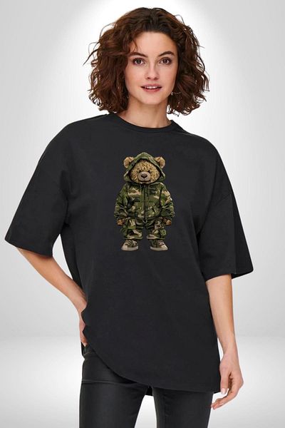 Angemiel Camouflage Patterned Teddy Bear Hoodie & Pants Set Black Oversize Women's Men's Front Printed T-Shirt