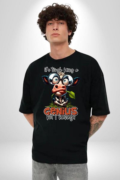 Angemiel Clever Cow Funny Genius Design Black Oversize Women's Men's Front Printed T-Shirt