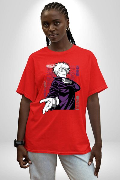 Angemiel Satoru Gojo Jujutsu Kaisen Anime Red Oversize Women Men Front Printed T-Shirt