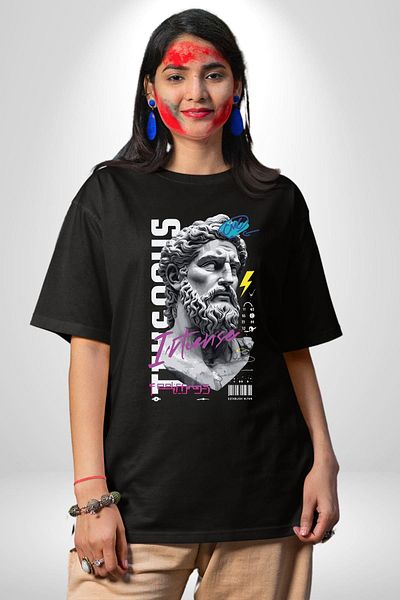 Angemiel Legendary Zeus Power and Emotions Black Oversize Women's Men's Front Printed T-Shirt