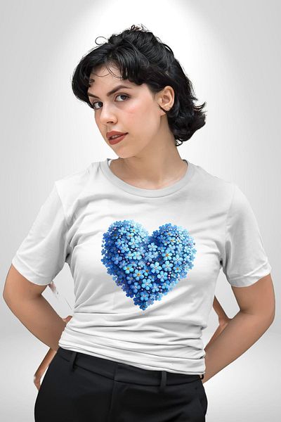 Angemiel تي شيرت Forget Me Not Flower Heart Collage أبيض كبير الحجم للنساء والرجال مطبوع من الأمام