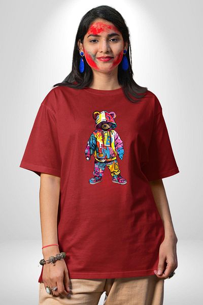 Angemiel Color Splash Urban Vibes Teddy Red Oversize Women's Men's Front Printed T-Shirt