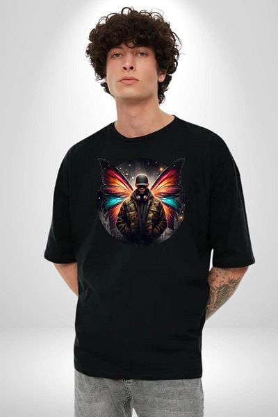 Angemiel Casual Camouflage Patterned Agent Men's Black Oversize Women's Men's Front Printed T-Shirt