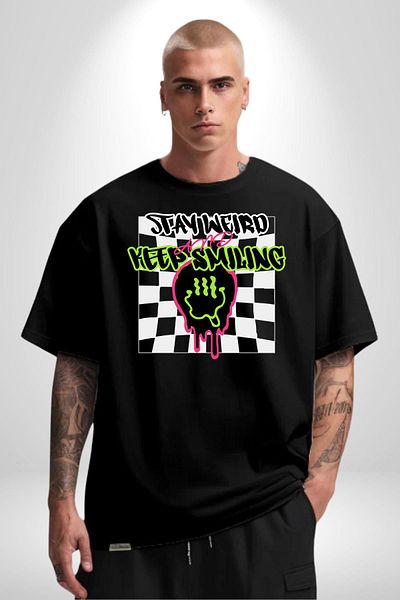 Angemiel Unusual Smile Black Oversize Women's Men's Front Printed T-Shirt
