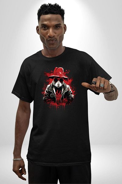 Angemiel Red Hat Rebel Rabbit Black Oversize Women's Men's Front Printed T-Shirt