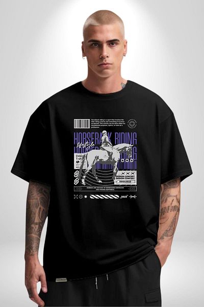 Angemiel Equestrian Lifestyle Horse Riding Black Oversize Women's Men's Front Printed T-Shirt
