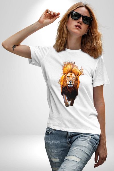 Angemiel تي شيرت مطبوع من الأمام للنساء والرجال باللون الأبيض مقاس كبير من Yeleli Lion Portrait