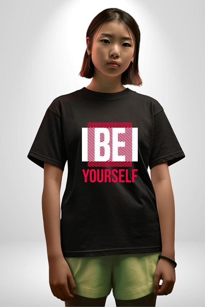 Angemiel Be Yourself Printed Original and Stylish Graphic Design Black Oversize Women's Men's Front Printed T-Shirt