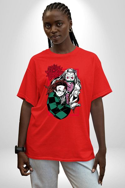 Angemiel Demon Slayer Anime Style Tanjiro and Nezuko Red Oversize Women Men Front Printed T-Shirt