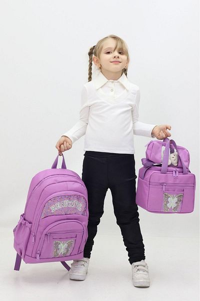 Weynes Light Purple Girl's Teddy Bear 3-Piece Set Quality Fabric Primary School Bag Wsb5036