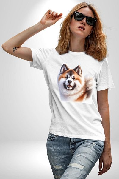 Angemiel تي شيرت Akita Inu Loyal Dog أبيض كبير الحجم للنساء والرجال مطبوع من الأمام