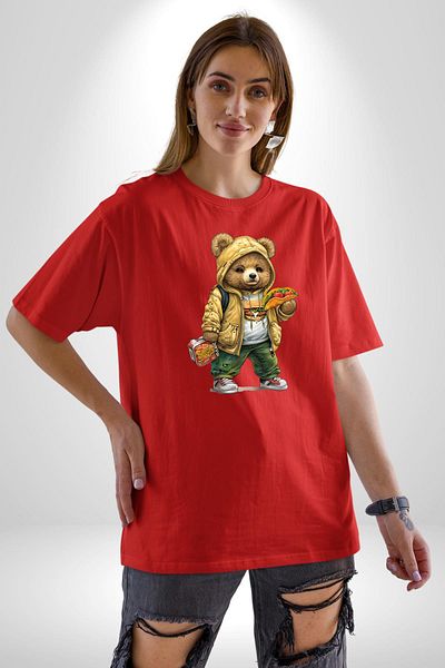 Angemiel Taco and Burger Fast Food Themed Teddy Bear Red Oversize Women's Men's Front Printed T-Shirt