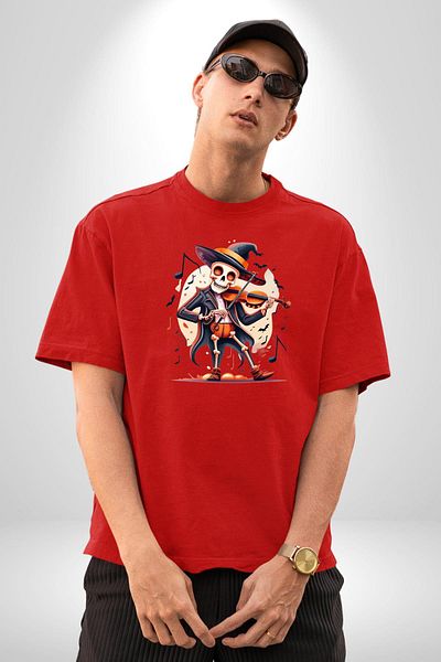Angemiel Violin Playing Skeleton Witch Hat Skull Red Oversize Women Men Front Printed T-Shirt