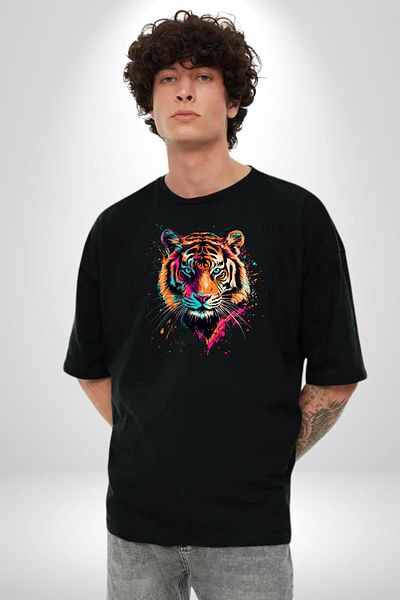 Angemiel Neon Vivid Color Tiger Black Oversize Women's Men's Front Printed T-Shirt