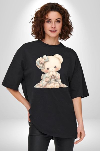 Angemiel Nostalgic Cute Teddy Bear in Pastel Tones Black Oversize Women's Men's Front Printed T-Shirt