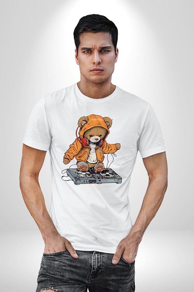 Angemiel Dj Teddy Bear Music Themed Hooded Teddy White Oversize Women's Men's Front Printed T-Shirt